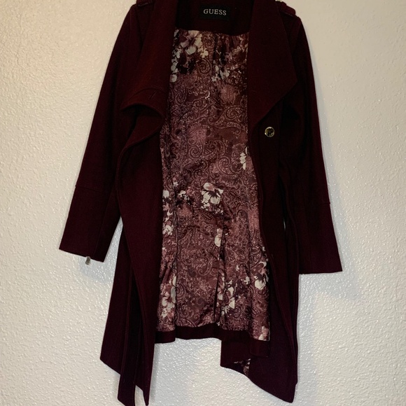 GUESS Burgundy Wrap Coat Gold Buttons | Lined Statement Jacket - Picture 2 of 5